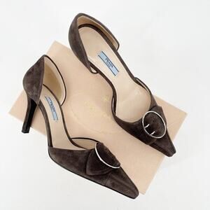 Prada IT 40 Graphite Suede D’Orsay Pumps with Oversized Buckle New with Box